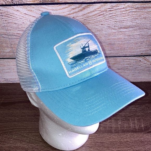 Unisex Magellan Outdoors Fishing Trucker Hat Adjustable Baby Blue & White - Picture 3 of 10